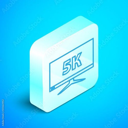 Isometric line Computer PC monitor display with 5k video technology icon isolated on blue background. Silver square button. Vector Illustration