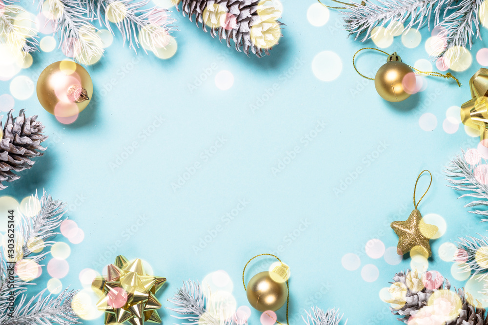 Christmas flat lay background on blue.