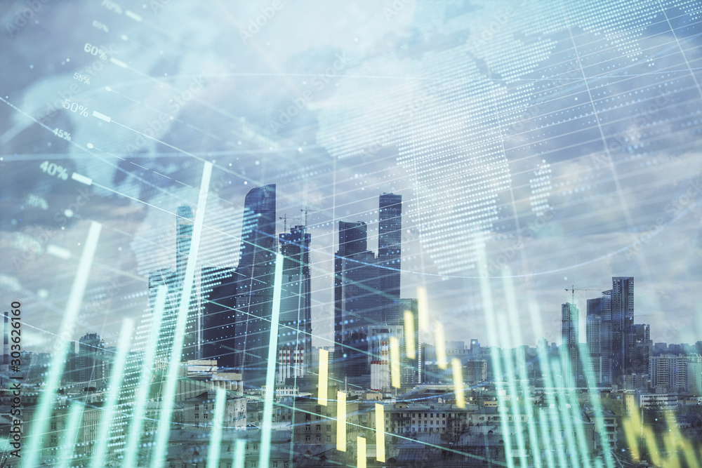 Double exposure of financial graph and world map on city veiw background. Concept of financial market research and analysis