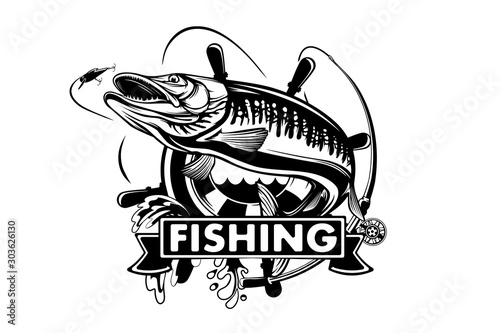 Pike fishing emblem shirt. Pike fish logo vector. Outdoor fishing background theme. Angry fish logo.