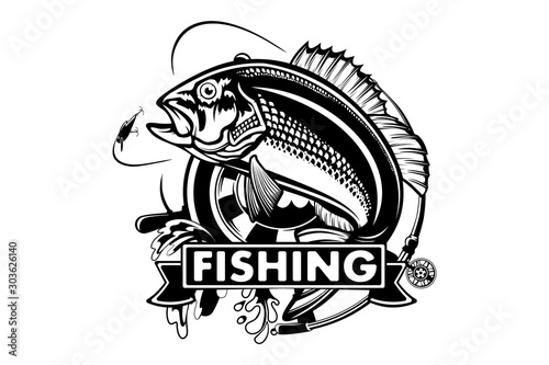 Red snapper isolated vector illustration. Fishing logo of red snapper. Fishing emlem for company or sport club. Marine theme background.