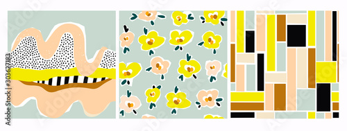 Hand drawn various shapes, flowers, lines, squares and doodle objects. Set of three abstract contemporary modern trendy vector seamless patterns. Perfect for textile prints. Every pattern is isolated