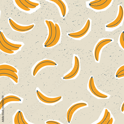 Tasty fruits. Bananas. Paper cut sticker style. Stamp texture. Top view. Hand drawn colored trendy vector seamless pattern. Cartoon style. Flat design