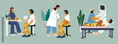 Pregnancy perinatal health concept. Doctors examining a pregnant woman at the clinic: measure pressure, measuring abdomen size, ultrasound screening. Flat vector illustration.