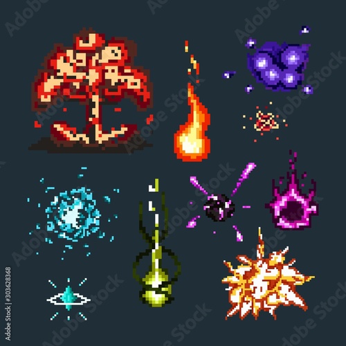 Pixel art of magical explosions and effects set vector illustration. Different pixelated videogames hex spells used in old 8-bit games flat style concept. Isolated on dark