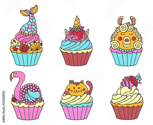 Cute cupcakes with pretty sweet animals set vector illustration. Collection of delicious cakes with fairy-tale heroes flat style concept. Isolated on white