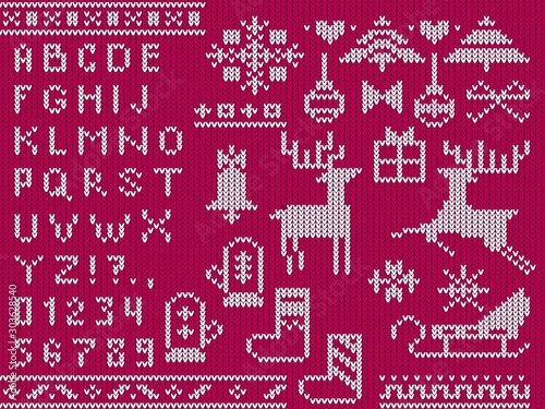 Knitted christmas alphabet and decorative xmas symbols vector illustration. Template with cute ugly sweater made in red and white tones showing christmas mood flat style design. Happy holidays concept