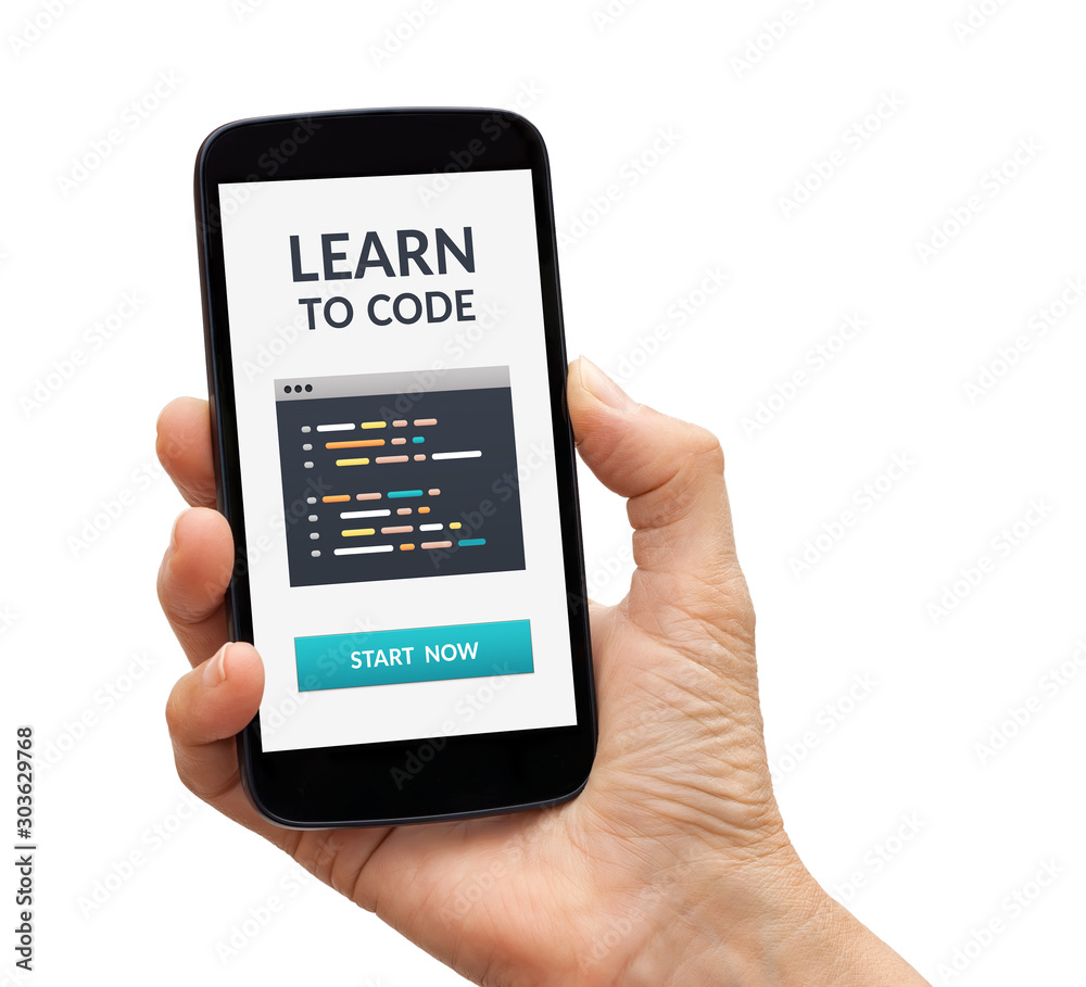 Hand holding a black smart phone with learn to code concept on screen. Isolated on white background Hand holding a black smart phone with learn to code concept on screen. Isolated on white background