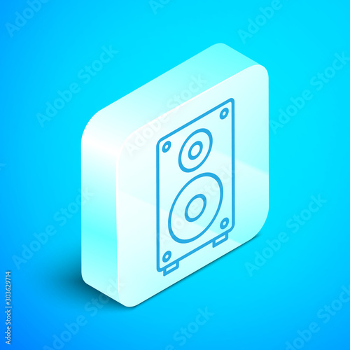 Isometric line Stereo speaker icon isolated on blue background. Sound system speakers. Music icon. Musical column speaker bass equipment. Silver square button. Vector Illustration