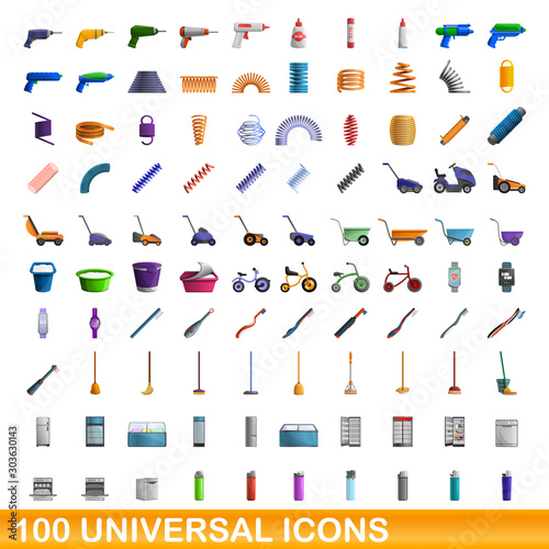 100 universal icons set. Cartoon illustration of 100 universal icons vector set isolated on white background