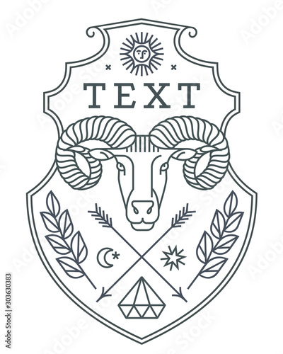 Emblem, badge with a ram head in the style of linear engravings, armorial symbols. In the style of linear engravings.  Coat of arms, heraldry. Aries zodiac sign. 