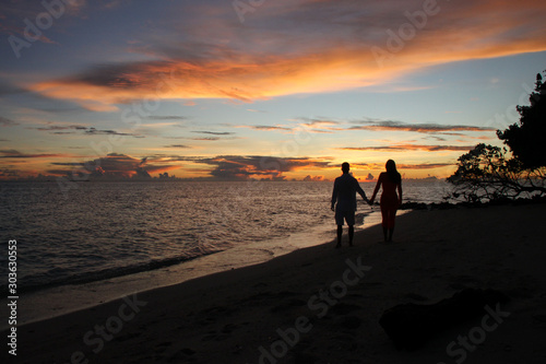 Silhouette of couple holding hands during sunset on a tropical beach © Frenchiebuddha