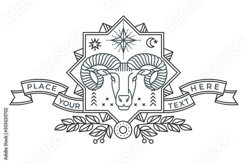Emblem, badge with a ram head in the style of linear engravings, armorial symbols. In the style of linear engravings.  Coat of arms, heraldry. Aries zodiac sign. 