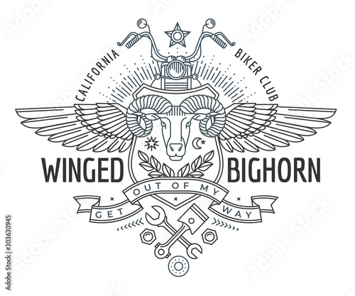 Emblem, badge with ram head in style of linear engravings, armorial symbols, Coat of arms, heraldry. Head of RAM among tools, swords, shovels, guns symbolizes men's Hobbies: hunting, travel, tourism.