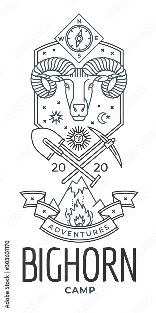 Emblem, badge with ram head in style of linear engravings, armorial symbols, Coat of arms, heraldry. Head of RAM among tools, swords, shovels, guns symbolizes men's Hobbies: hunting, travel, tourism.