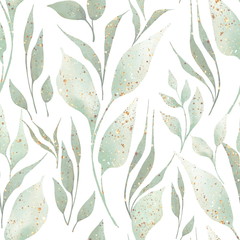 Wandcirkels Botanische print patronen Groene takjes aquarel op wit  © Gribanessa