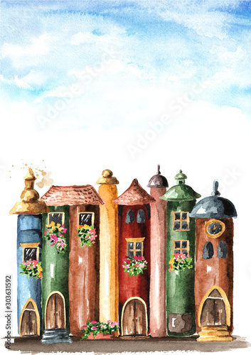 Books with fairy tales and fairy world. Watercolor hand drawn illustration is...