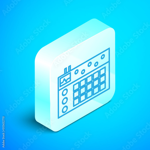 Isometric line Drum machine icon isolated on blue background. Musical equipment. Silver square button. Vector Illustration