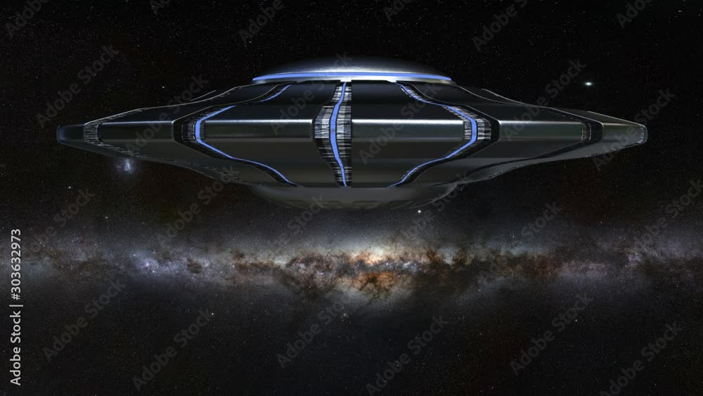 UFO, rotating flying saucer, alien spaceship with extraterrestrial visitors in outer through space, 4k loop