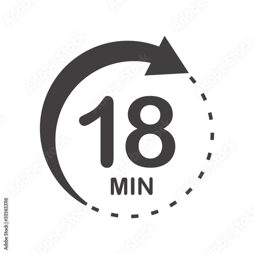 Eighteen minutes icon. Symbol for product labels. Different uses such as cooking time, cosmetic or chemical application time, waiting time ...