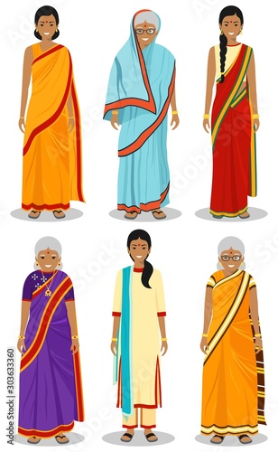 Indian woman. Set of different standing old, adult and young women in the traditional national clothing isolated on white background in flat style. Differences people in the east dress. Vector.