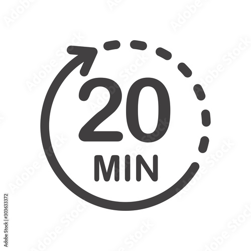 Twenty minutes icon. Symbol for product labels. Different uses such as cooking time, cosmetic or chemical application time, waiting time ...