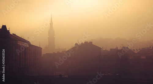 Morning panorama of misty Krakow. Poland.