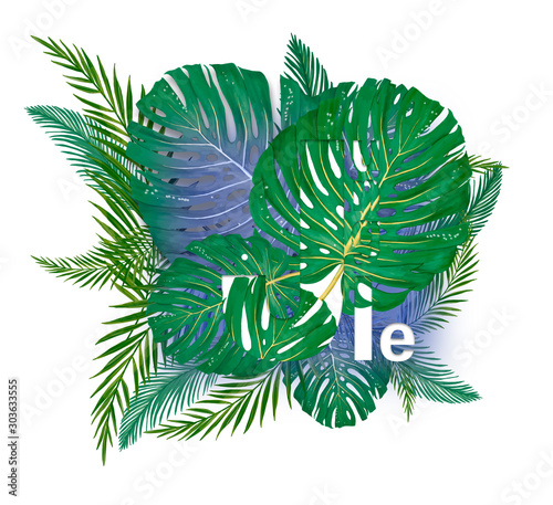 Summer tropical hawaiian background with palm tree leavs and exotic plants. Tropical leaves on pink, red background. Trend colorful illustration wiht alphabet