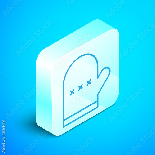 Isometric line Oven glove icon isolated on blue background. Kitchen potholder sign. Cooking glove. Silver square button. Vector Illustration