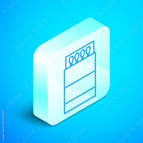 Isometric line Open matchbox and matches icon isolated on blue background. Silver square button. Vector Illustration