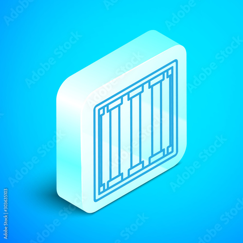 Isometric line Prison window icon isolated on blue background. Silver square button. Vector Illustration