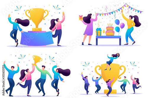 Set 2D Flat concepts celebrate the success of the team, achieve the goal, enjoy working together. For Concept for web design