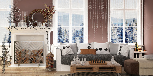 New year tree in scandinavian style interior with christmas decoration	