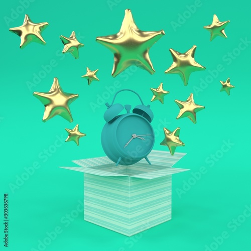 Funny blue isolated box with stars balloons and alarm-clock 3d render