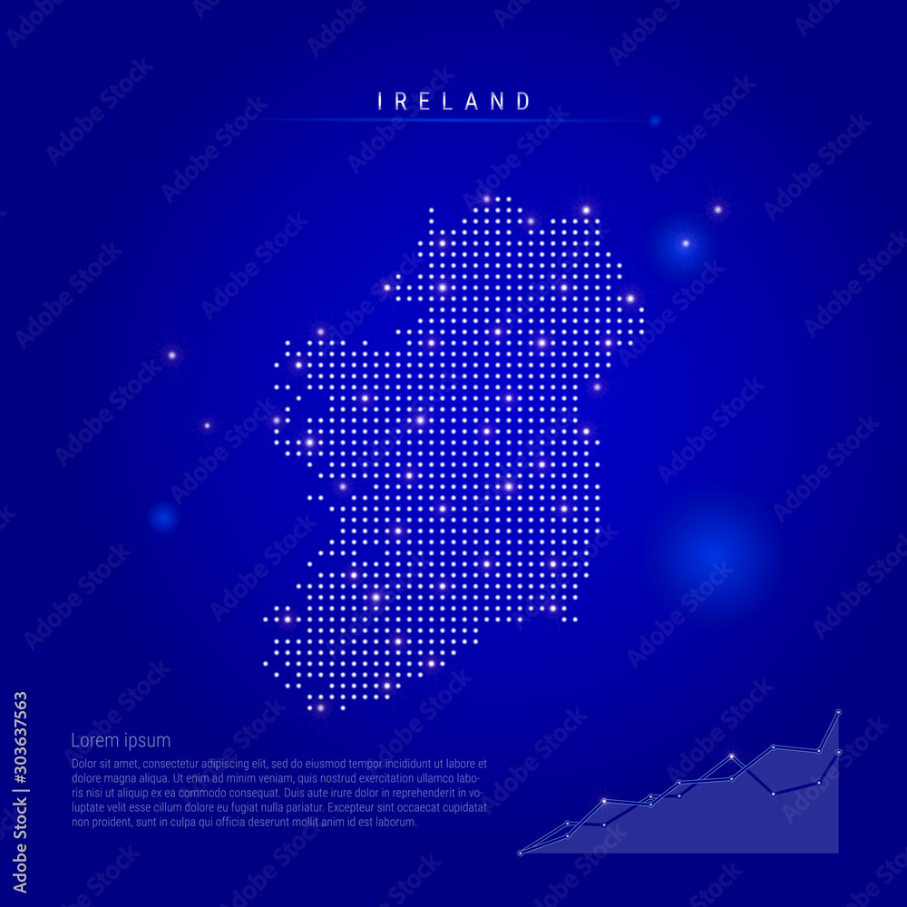 Ireland illuminated map with glowing dots. Dark blue space background. Vector illustration