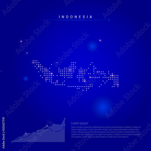 Indonesia illuminated map with glowing dots. Dark blue space background. Vector illustration