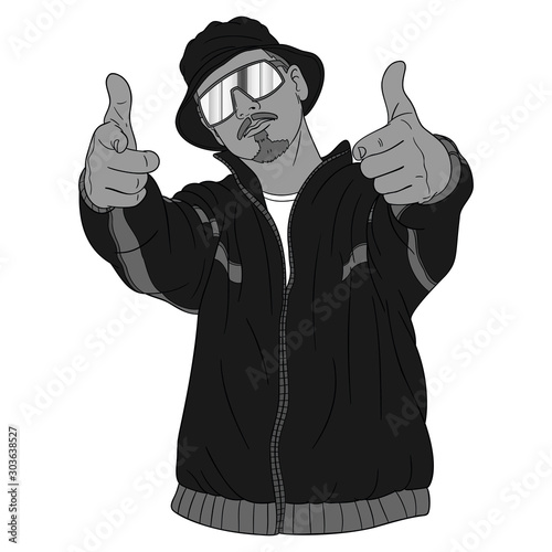 black white vector illustration. Upper body of a cool hip hoper with a training jacket, hat and sunglasses pointing with both fingers into the camera. photo