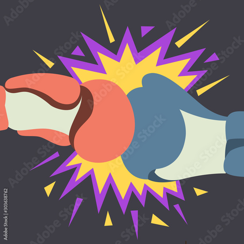 A crushing blow to Boxing gloves. A powerful punch. Tearing blow. Individual sport Boxing. Retro colors. Vector