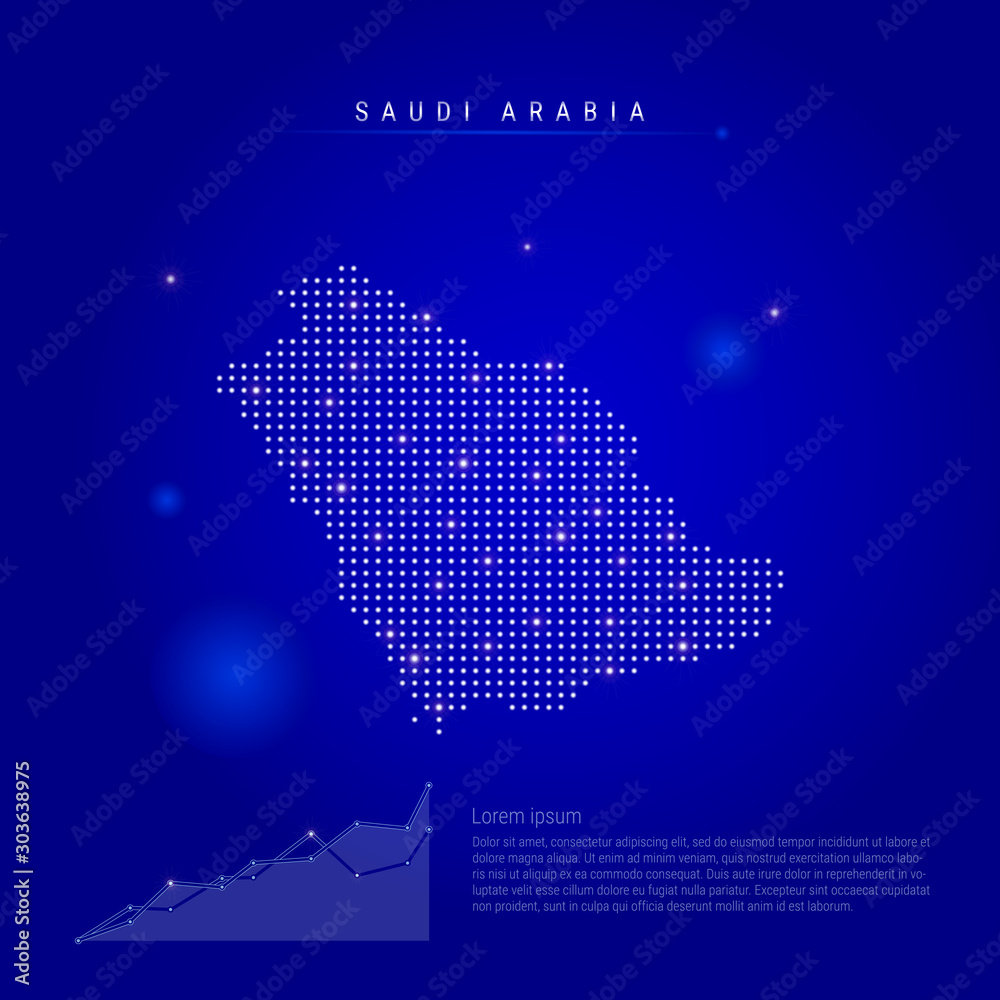 Saudi Arabia illuminated map with glowing dots. Dark blue space background. Vector illustration