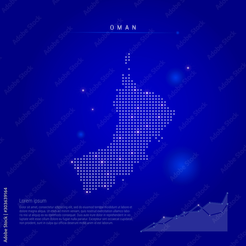 Oman illuminated map with glowing dots. Dark blue space background. Vector illustration