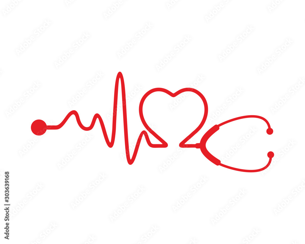Stethoscope and a silhouette of the heart and ECG. vector Illustration