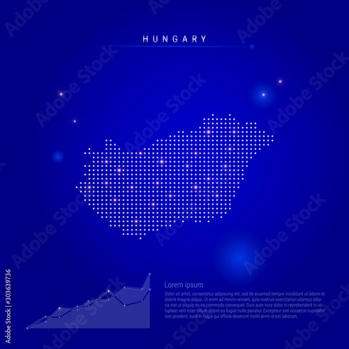 Hungary illuminated map with glowing dots. Dark blue space background. Vector illustration
