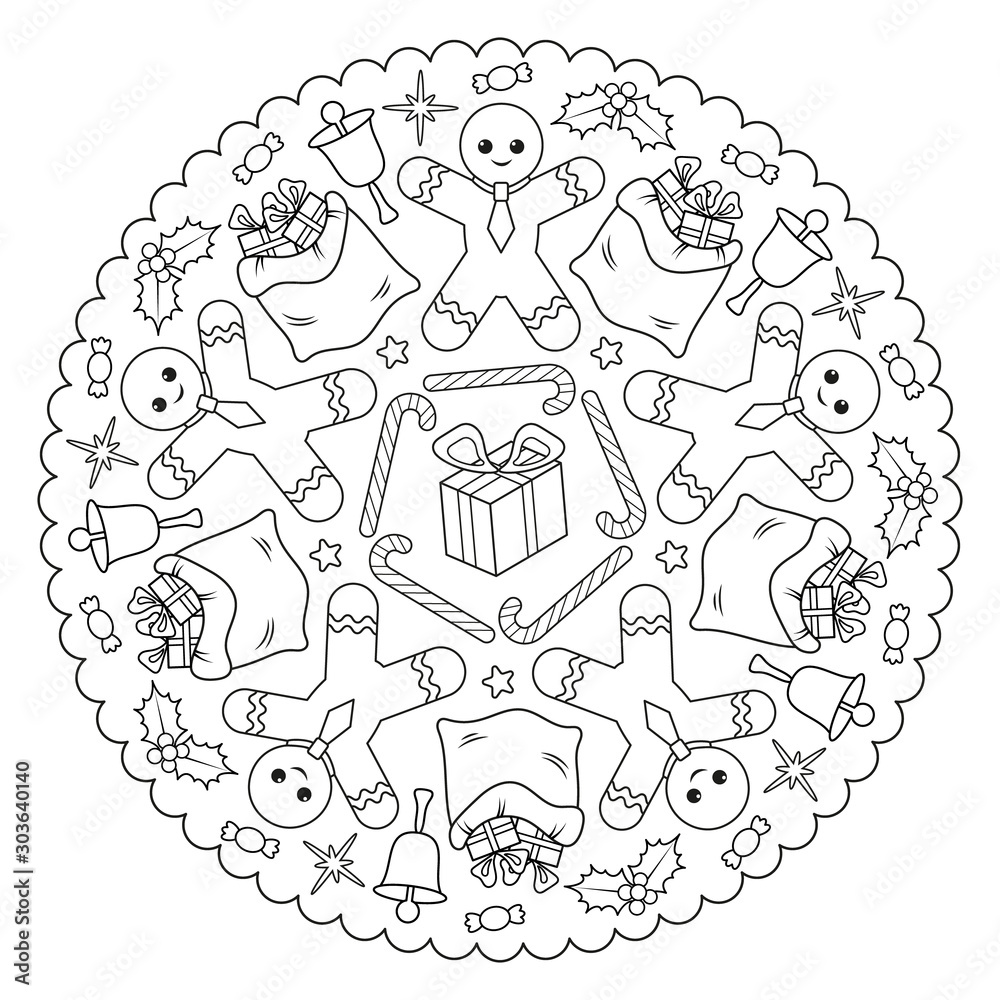 Coloring Page Mandala For Kids With Winter, Christmas and Happy New Year Gingerbread man, Candy cane, Gift, Bag, Holly, bell, candy. Vector Illustration.
