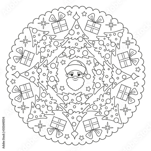 Coloring Page Mandala For Kids With Winter, Christmas and Happy New Year Toys, Tree, Santa Claus, Stars. Vector Illustration.