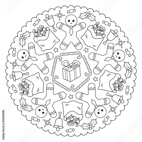 Coloring Page Mandala For Kids With Winter  Christmas and Happy New Year Gingerbread man  Candy cane  Gift  Bag  Holly  bell  candy. Vector Illustration.