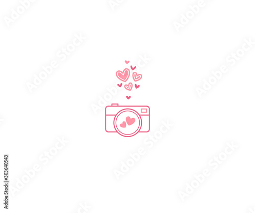 Vector pink camera icon with hearts isolated on white background.