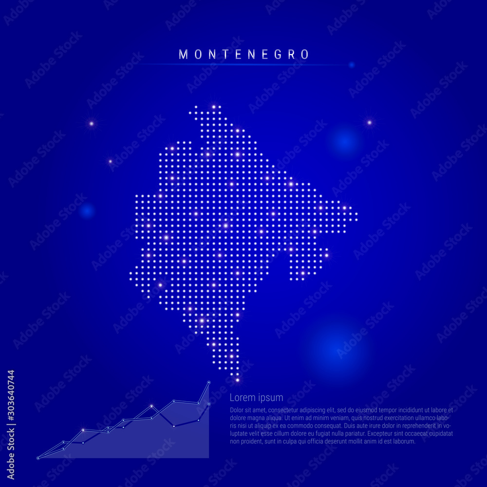 Montenegro illuminated map with glowing dots. Dark blue space background. Vector illustration