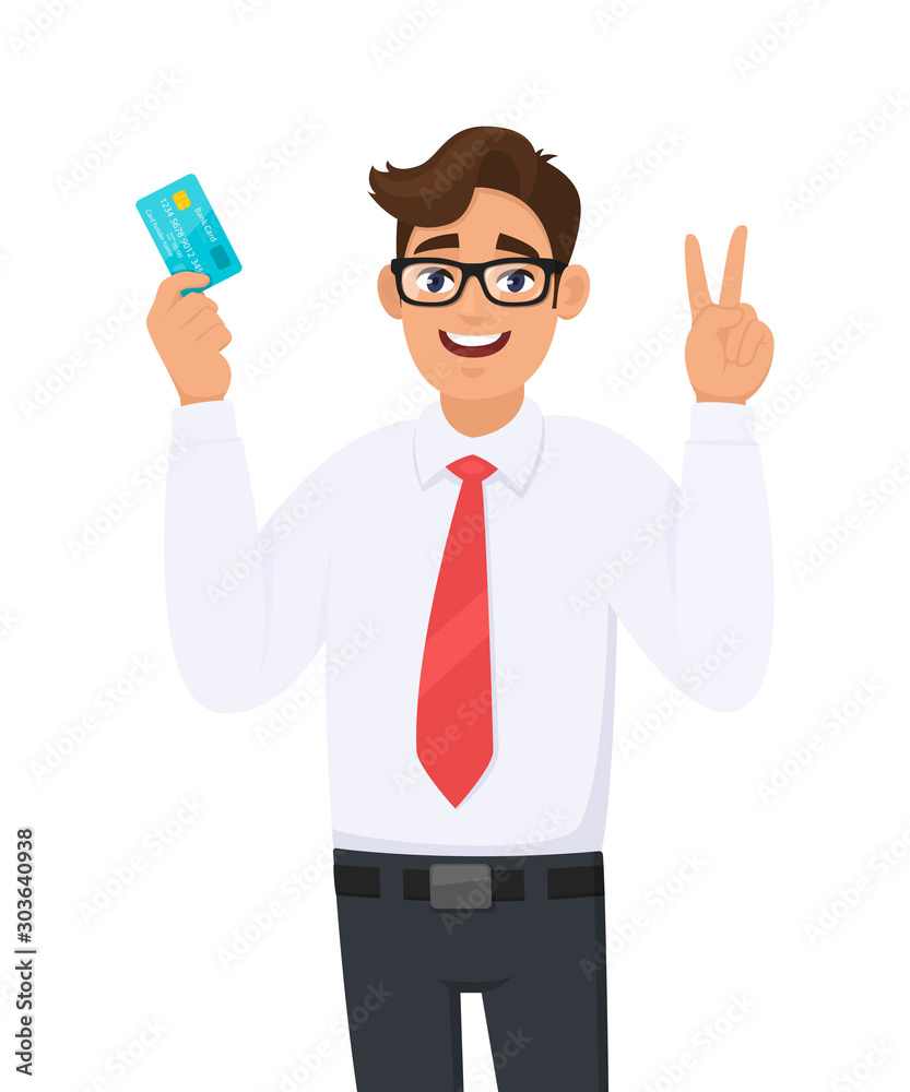 Young businessman holding or showing a credit (Debit, ATM) card and making victory (V, Peace, Two) gesture sign with hand finger. Male character design illustration. Modern lifestyle in vector cartoon Young businessman holding or showing a credit (Debit, ATM) card and making victory (V, Peace, Two) gesture sign with hand finger. Male character design illustration. Modern lifestyle in vector cartoon