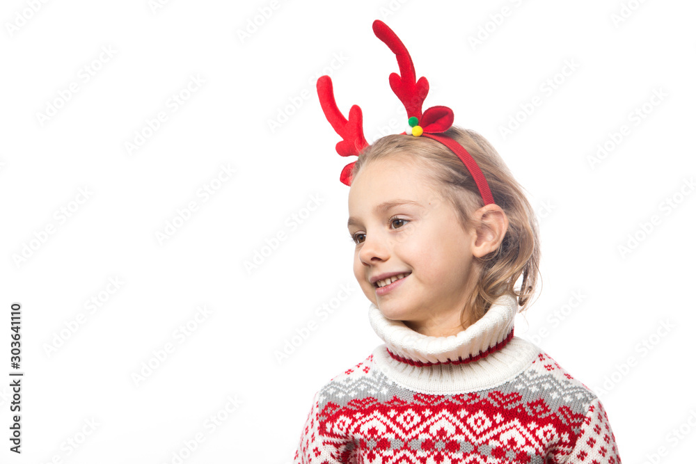 Funny kid with Christmas band. Cheerful smiling little girl . Funny kid with Christmas band. Cheerful smiling little girl .