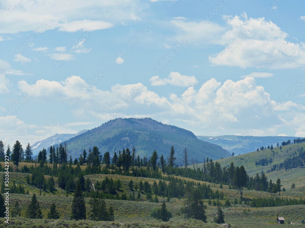 Idyllic countryside scene in a valley with distant mountains at Yellowstone National Park, Wyoming.